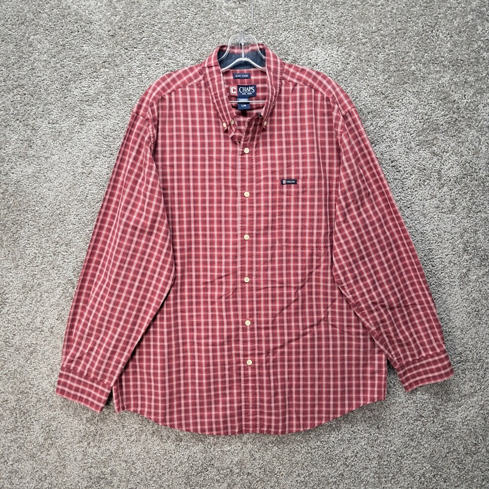 Chaps Mens Red Navy Plaid Easy Care Button Down Shirt Large L 7818